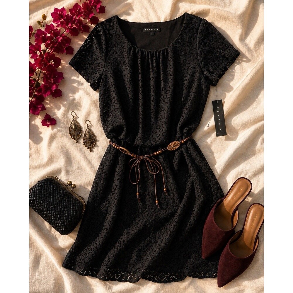 Tiana B Black Lace Belted Dress Size 10 NWT